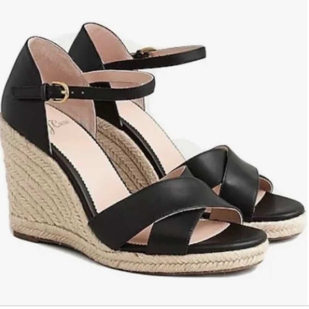 NEW J.Crew Jute wedge sandals in leather, black, size 10.